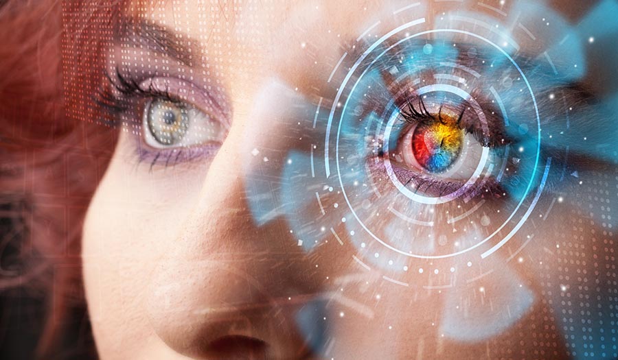 Future woman with cyber technology eye panel concept